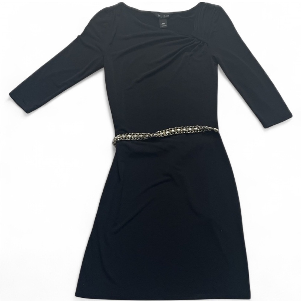 White House Black Market dress, size XXS. Black with gold chain. 3/4 sleeves. - Picture 4 of 7